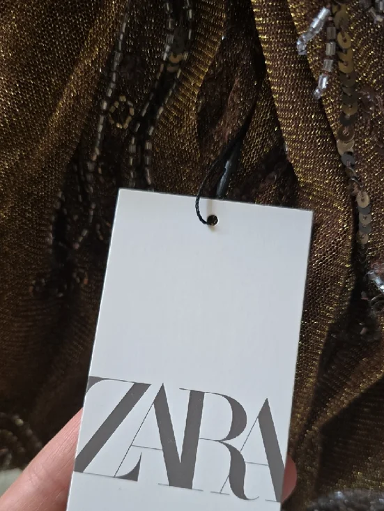 Zara Brown Sheer Beaded V-Neck Mini Dress - Picture 9 of 9